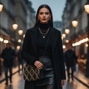 Vintage women's beaded crossbody purse bag black/brown/gold diamond